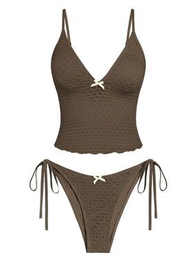 Womens Size Small Tankini Swimsuit Lace Lacquard Bowknot High Cut Tanga